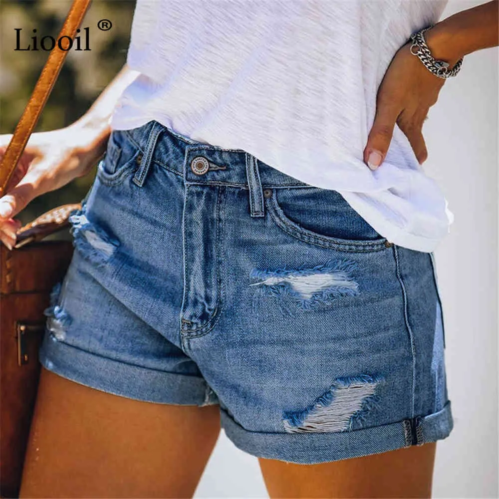 Liooil Zerrissene Jeans-Shorts für Frauen, Sommer, Streetwear, mit Tasche, Reißverschluss, sexy Schwarz, Blau, Damen, hohe Taille, Stretch-Denim-Shorts