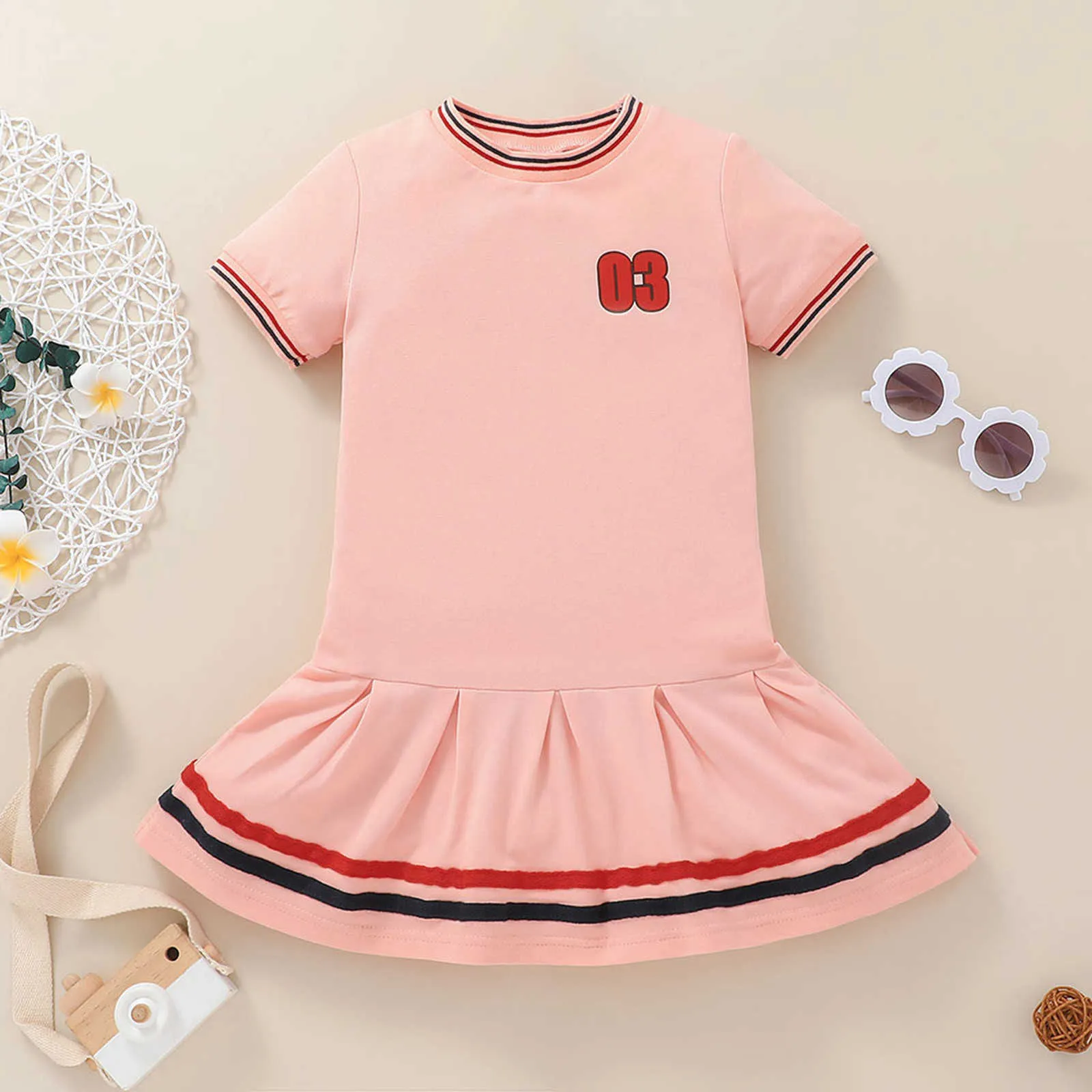 Neue Baby Mädchen Campus Stil Kleider Sommer Kinder A-linie Baumwolle Kinder Prinzessin Kleid Streifen Kleidung Kurzarm Strand Kleid Q0716