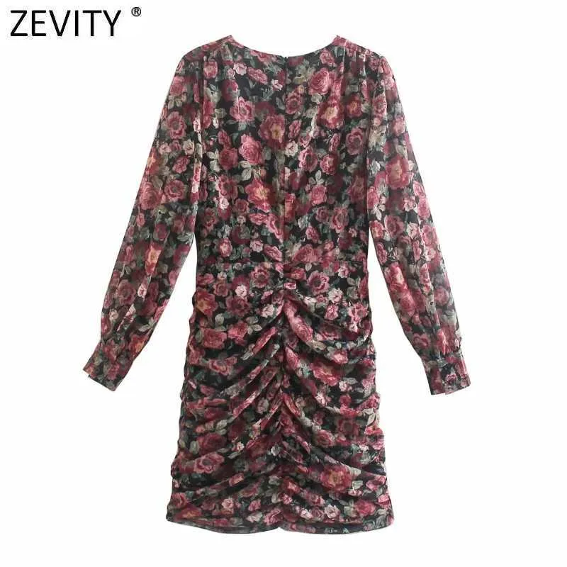 Zevity Женщины Vintage V-Hee Floral Print Pliated Slim Mini Платье Женский Шикарный Слованный Рукав Лето Шифон Короткий Vestido DS8162 210603