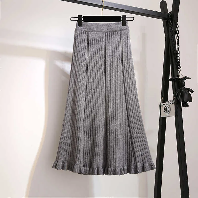 Korean Ruffle Skirt Women Fall Winter Black Gray Coffee Knit Mid Long Pleated Skirt Elastic Female Slim Mermaid Skirt 210608