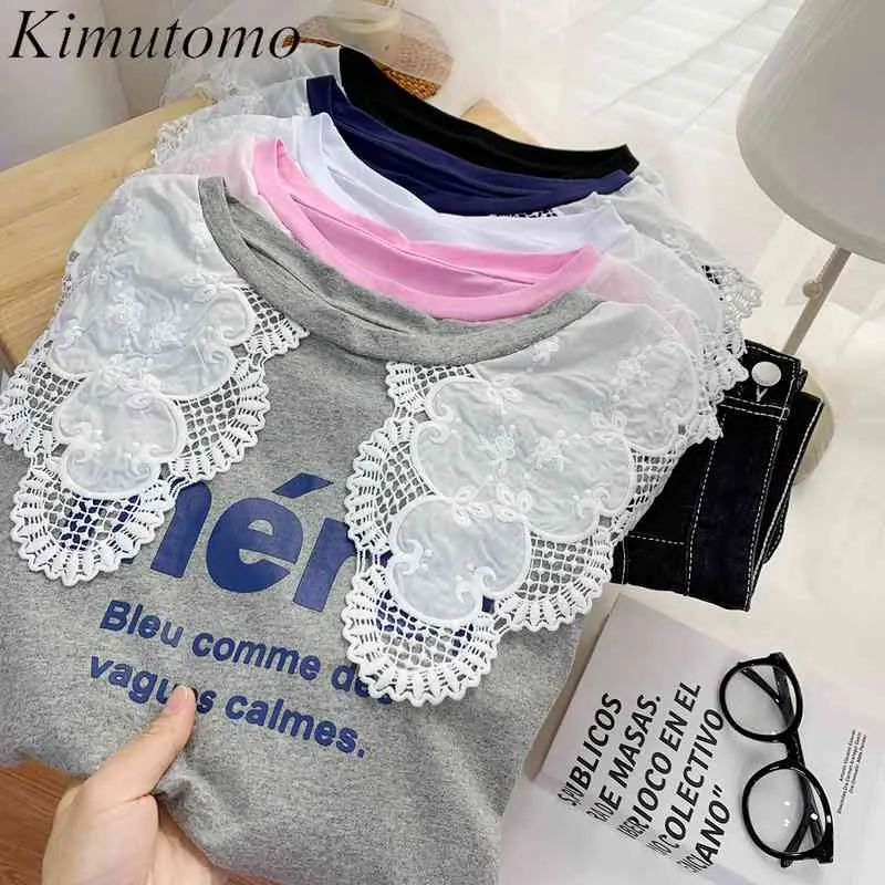 Kimutomo Sweet Letter Print T-shirt Koronki Haft Peter Pan Collar Krótki Rękaw Ubrania Kobiet Summer Koreańczycy Korzyści Topy 210521