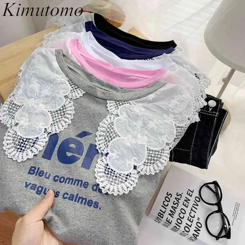 Kimutomo Sweet Letter Print T-shirt Lace Embroidery Peter Pan Collar Short Sleeve Clothes Female Summer Korean Chic Tops 210521