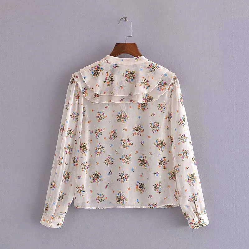 Za Ruffle Print Sommar Blus Kvinnor Vintage Long Puff Sleeve Chiffon Top Feminine Fashion Front Button Transparent Shirt 210602