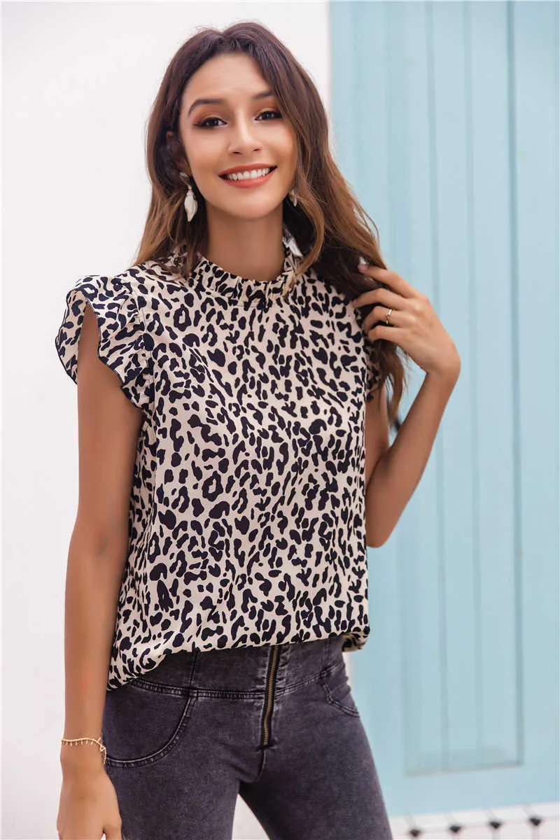 Leopard Print Summer Sexy Women T-shirt Sleeveless Ruffles Casual Tee Shirt Femme Womens Clothing Y0433A 210719