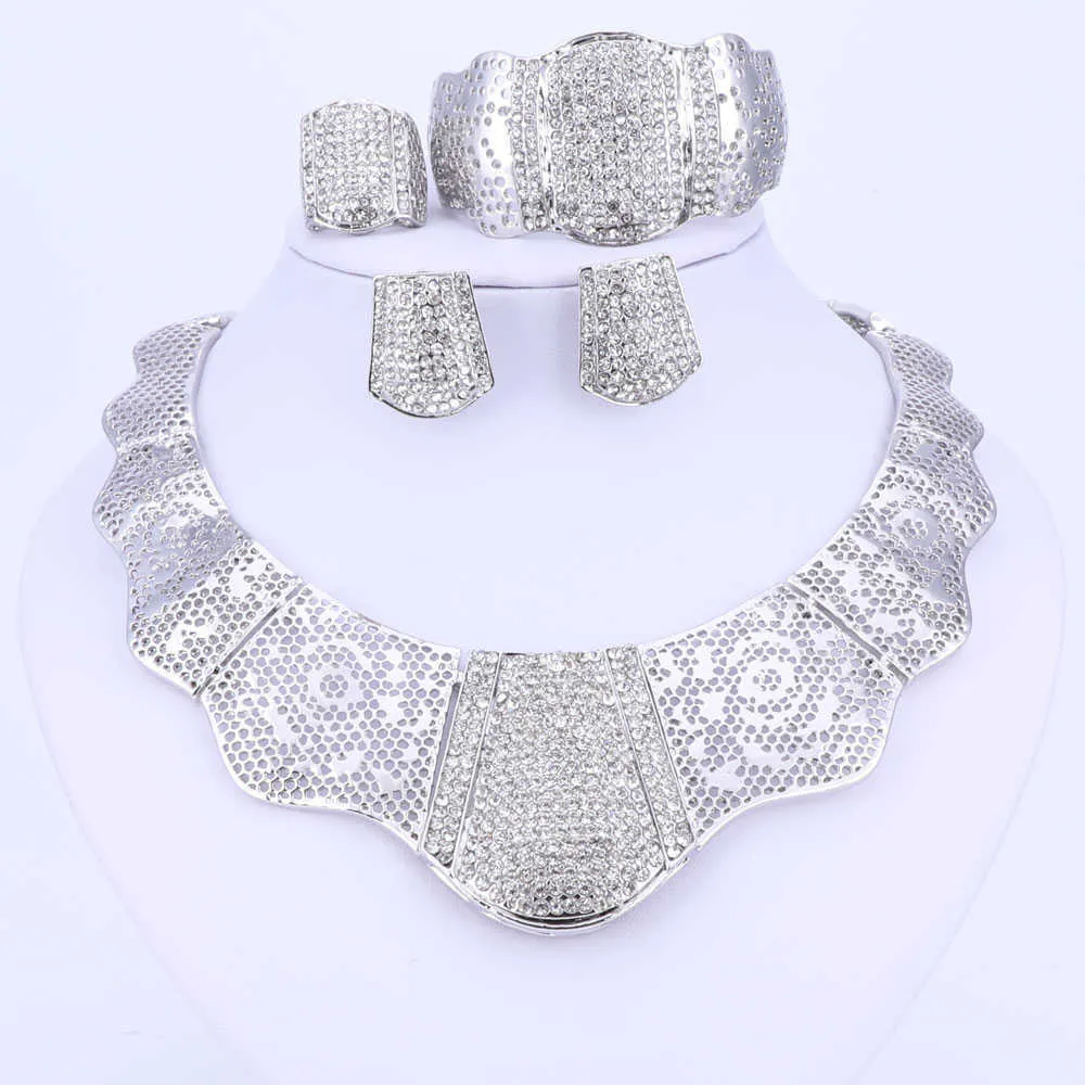 African Nigerian Hochzeit Schmuck-Set Gold Farbe Kristall Halskette Ohrringe Armband Ringe Sets Kostüm Zubehör H1022