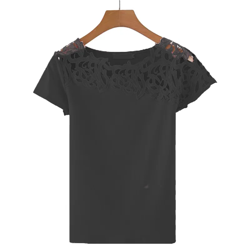 Camiseta blanca de diseño para mujer, Top de encaje calado para mujer, ropa coreana para mujer, ropa informal de manga corta de color sólido XS