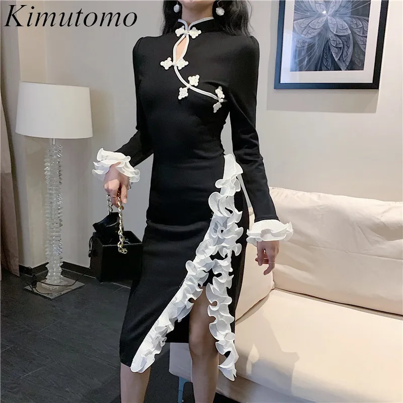 Kimutomo Elegant Vintage Cheongsam платья женщины грибки пряжки сплит с длинным рукавом тонкий талии Vestidos весна Корея шикарный 210521