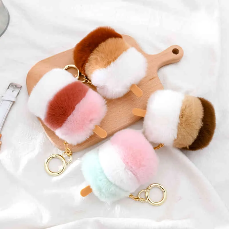 Candy Color Real Rex Kanin Keychain Ice Cream Popsicle Key Ring Pompom Creative Fur Ball Bag Pendant