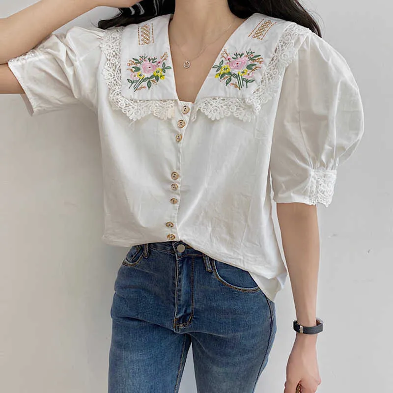 Korejpaa camisa de mujer verano coreano Retro suave bordado flor encaje costura solapa blusas de manga de soplo de un solo pecho 210526