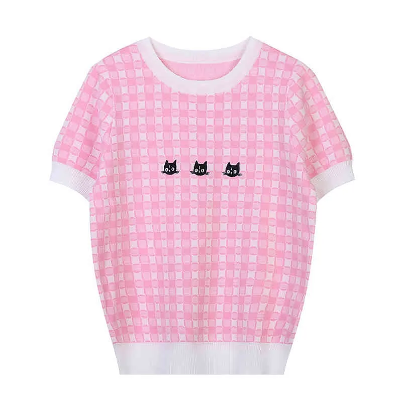 Été e-girl T-Shirt femmes Harajuku hauts Tee mignon chat broderie à manches courtes femme tricoté t-shirts B-070 210522