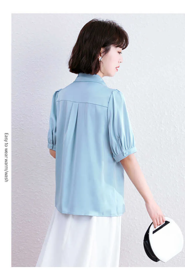 Verão coreano moda chiffon mulheres blusas escritório senhora camisa e blusa sólida manga curta rosa tops plus size xxl 210531