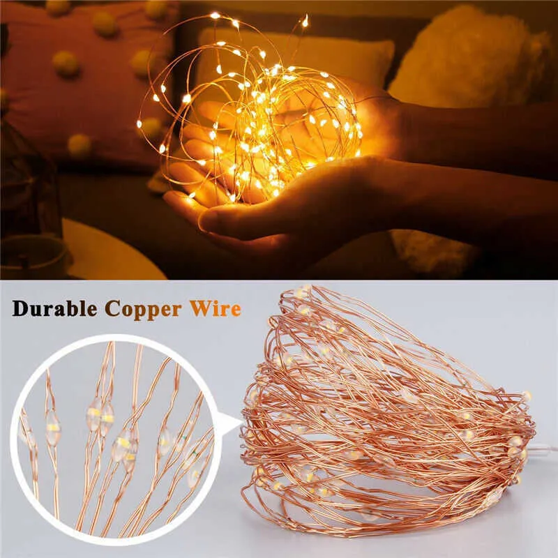 Waterproof LED Christmas Fairy String Lights USB Copper Wire RGB Dimmable Timing Wedding Party String Lamp Outdoor Decor Y0720
