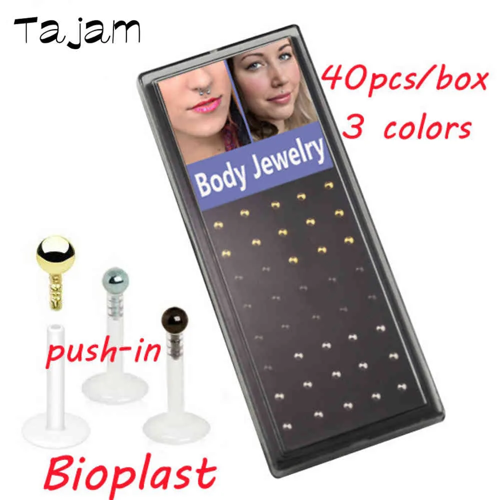 40 pièces/boîte-Bioplast Labret 16G Flexible Push-in lèvre Stud BlackGoldSteel boule en acier oreille Cartilage Tragus bijoux