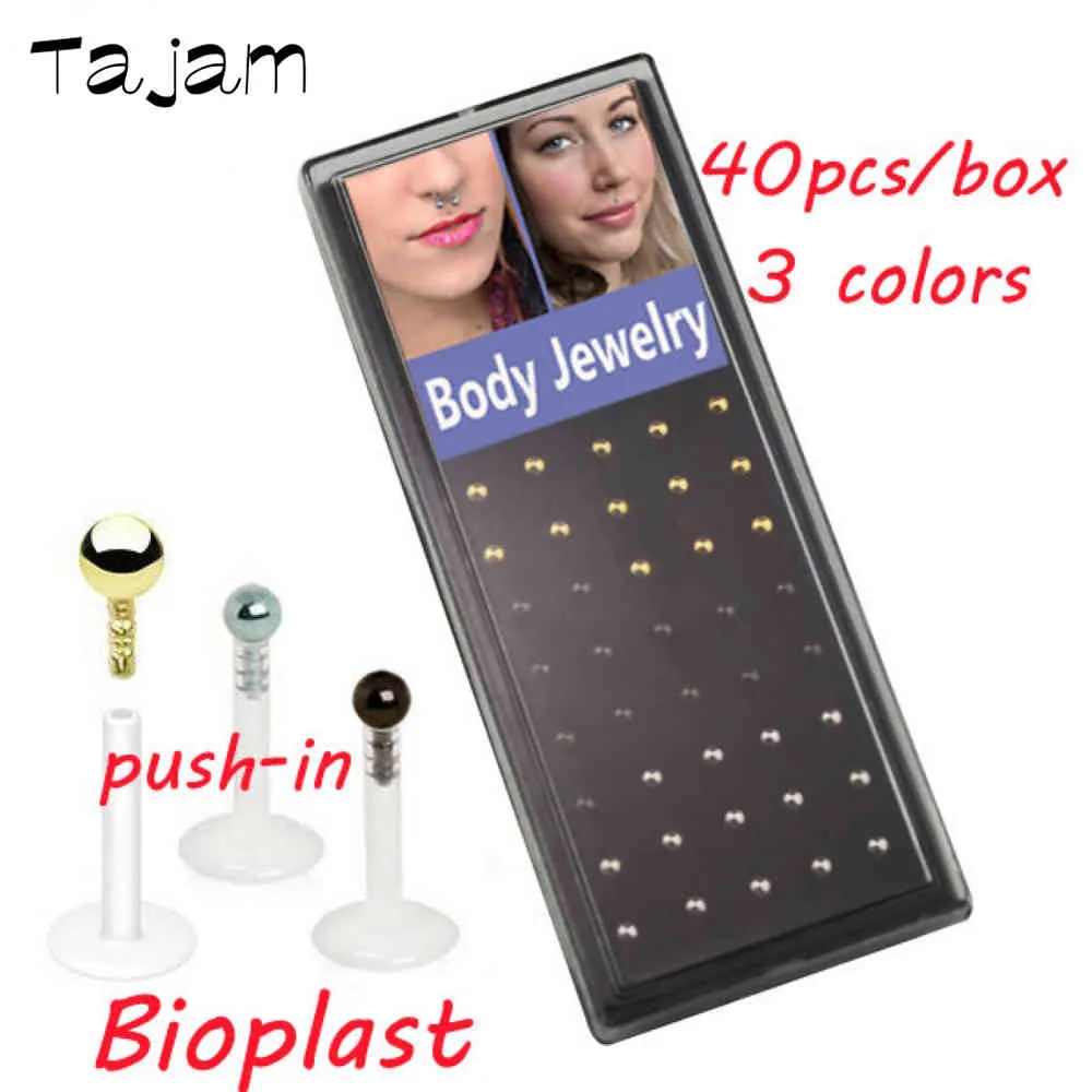 40 pz/scatola-Bioplast Labret 16G Flessibile Push-in Lip Stud BlackGoldSteel Sfera In Acciaio Orecchio Cartilagine Trago Gioielli