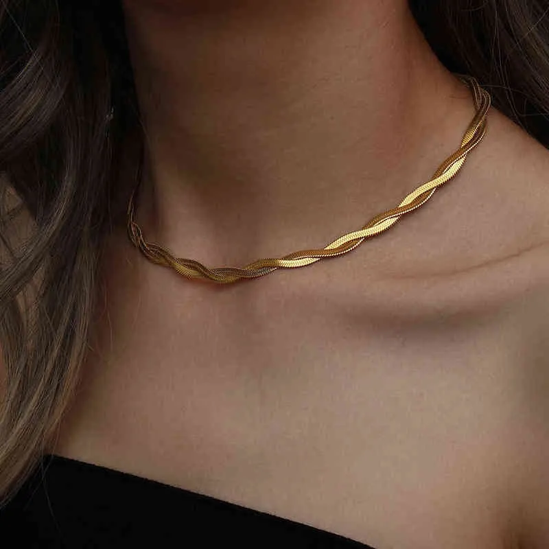 TARNISH Ücretsiz Paslanmaz Çelik 18 K Altın Kaplama Kısa Herringbone Zincir Gerdanlık Kolye Kadınlar Için Minimalist Altın Zincir Kolye Y1217