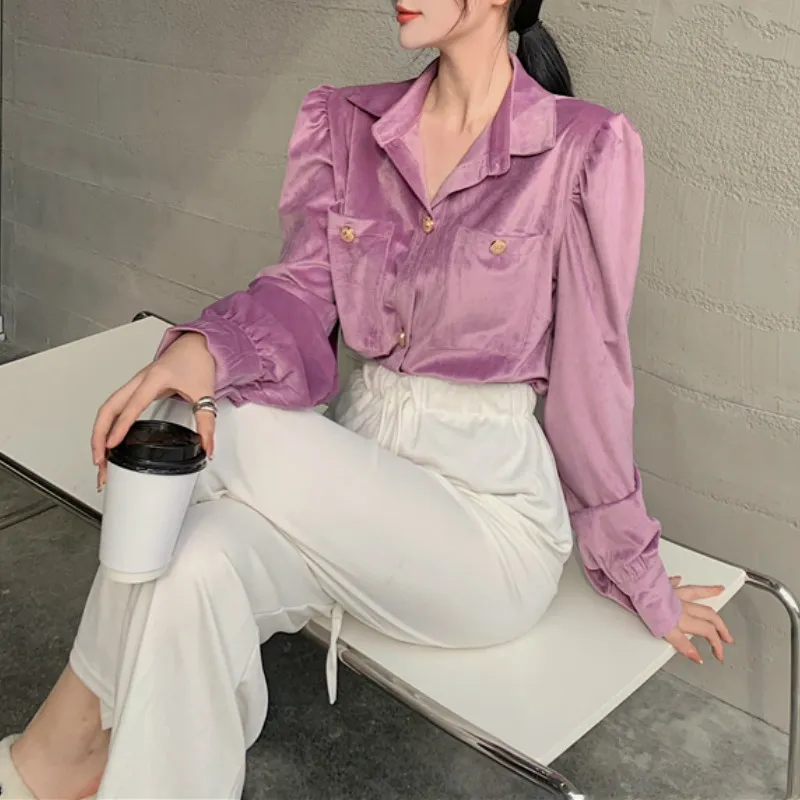 Ezgaga elegante shirts vrouwen vintage lange mouwen turn-down kraag mode losse solide knop paarse blouse office lady blusas 210430