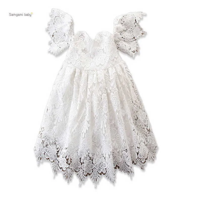 Wyprzedaż letnia dziewczyna sukienka haft koronki z ramienia białego flare rękaw księżniczki odzież dziecięcy E93007 210610