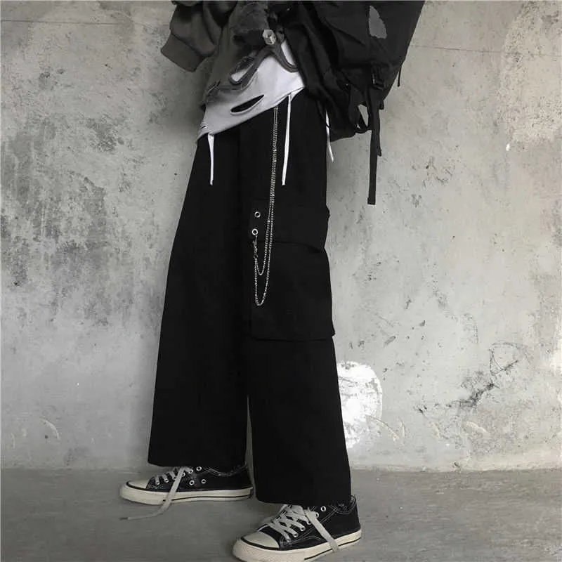 Hippie Streetwear Calças de carga preta com cadeia gótico harajuku hip hop vintage enorme perna grande calça feminina q0801
