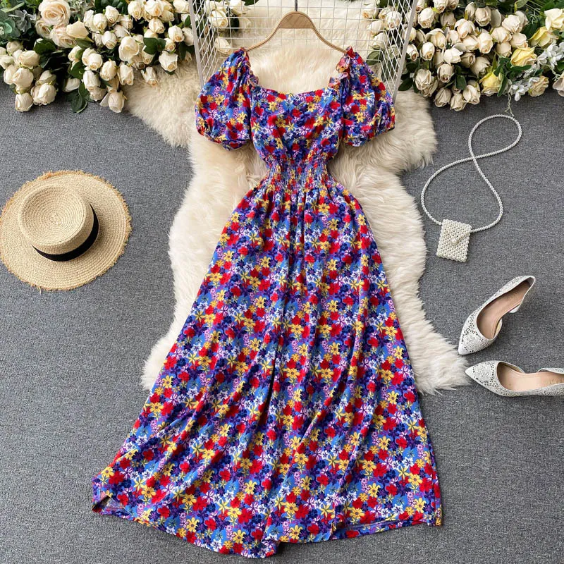 Summer Women's Sundress Chiffon Boho Dress Korean Clothing Puff Sleeve Waist Slimming Print Maxi Beach Femme Robe 210514