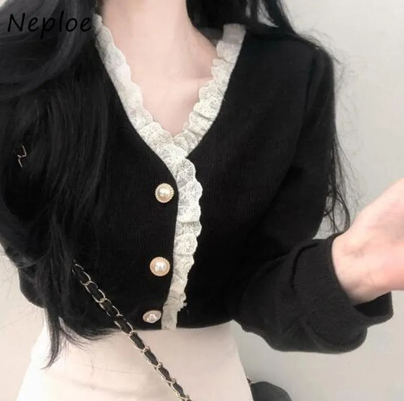 Neploe V Neck Koronki Patchwork Elegancki Dzianina Sweter Cardigans Kobiety Z Długim Rękawem Pojedynczy Slim Slim Pull Femme Coat Spring 210510