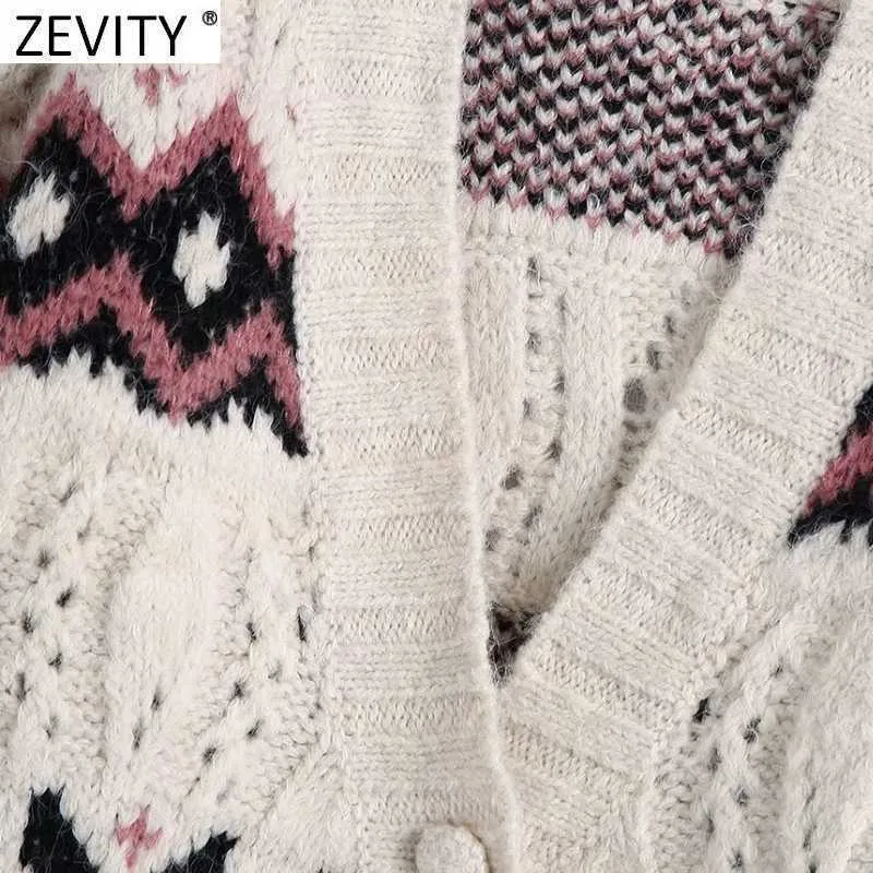 Zevity Femmes Vintage Col En V Fleur Motif Jacquard Cardigans Pull À Tricoter Femme Chic À Manches Longues Évider Tops S651 210603