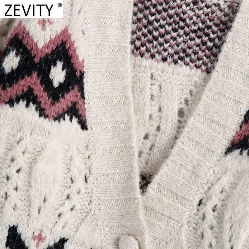 Zevity Women Vintage V Neck Flower Wzór żakardowy Kartuńskie Sweter Knitting Sweter Kobiet Chic Długi rękaw Hollow Out Tops S651 210603