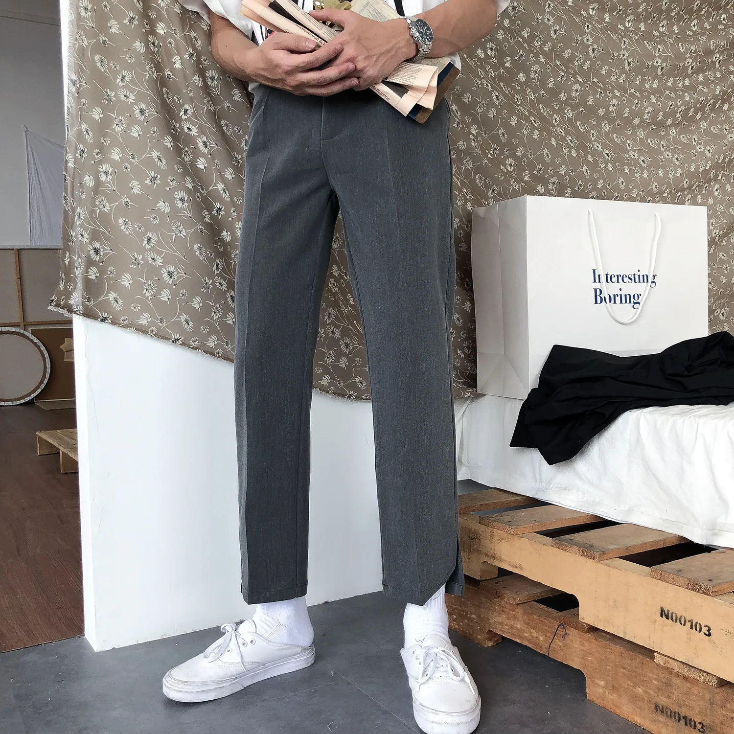 IEFB /men's wear Korean trendy spring suit pants for male irregular vent bottoms casual ankle-length pants Y1208 210524