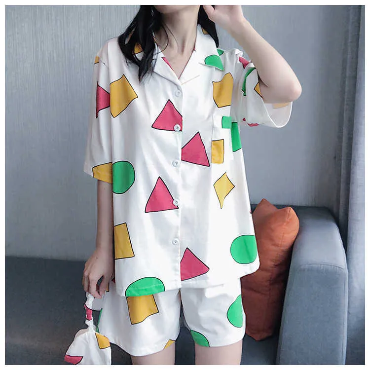 Conjuntos de pijama bonito das mulheres Homens Grande Tamanho Impressão Geométrica 3 Peças Set Tops Manga Curta + Shorts Elastic Waist + Blinder Solto S98191 210622