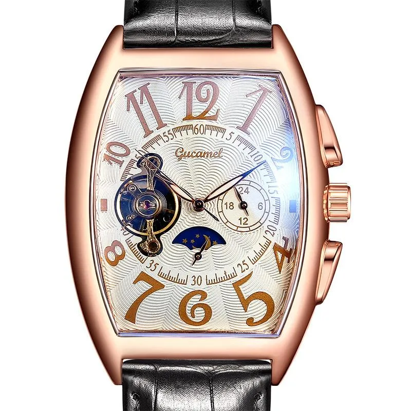 Zegarek Sprzedawanie kopii mężczyzn Square Watch Hollow Automatyczne zegarki mechaniczne skórzany pasek Tourbillon ręka na rękę