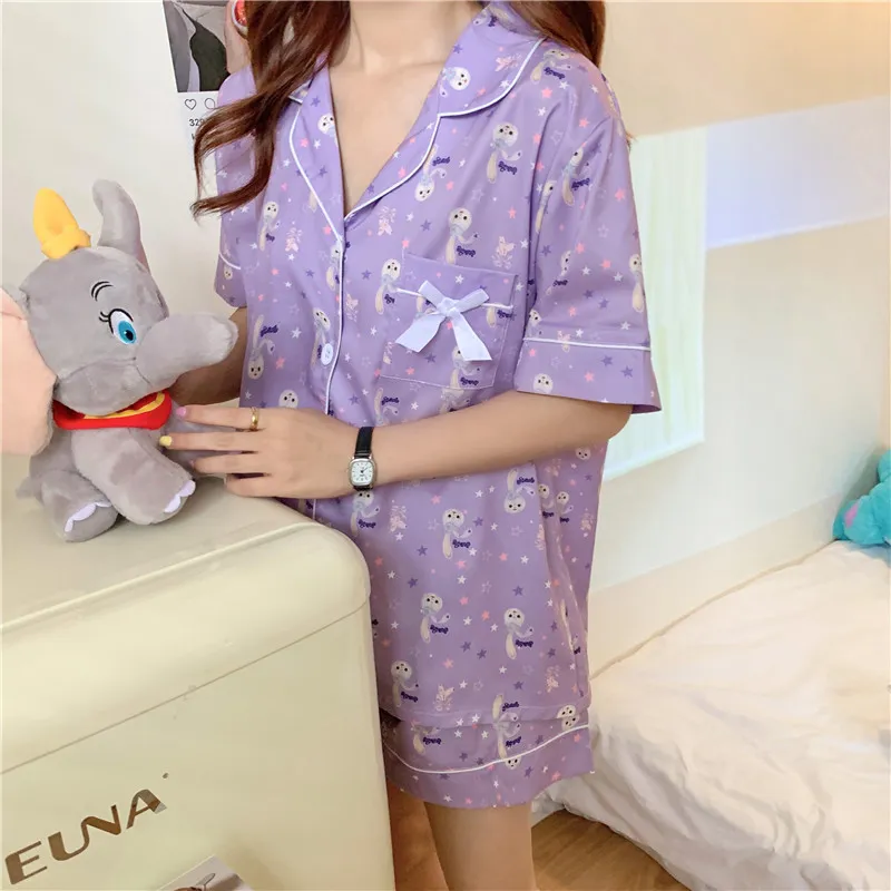 Summer Cartoon Students Sweet Chic Purple Sleepwear Girls Korean Homewear Women Thin Loose Pajamas Sets 210525