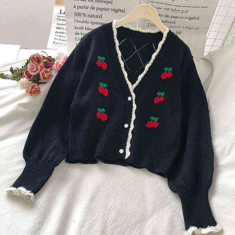 OceanLove broderade cardigans sticka slitage söt puff ärme kort mujer chaqueta autum vinter v nacke cherry sweaters kvinnor 18958 211217