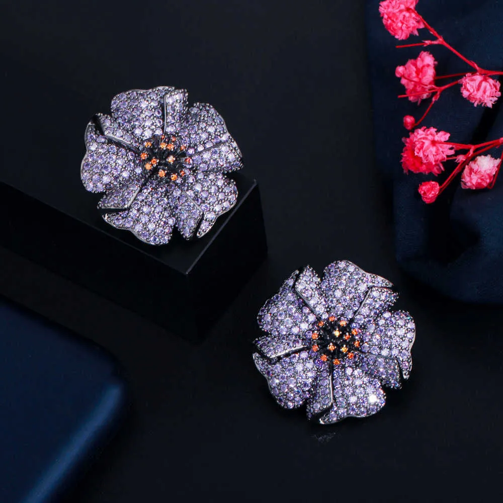 Gorgeous Violet Flower Purple Cubic Zirconia Crystal Big Stud Earrings for Women Wedding Party Gift Jewelry CZ909 210714