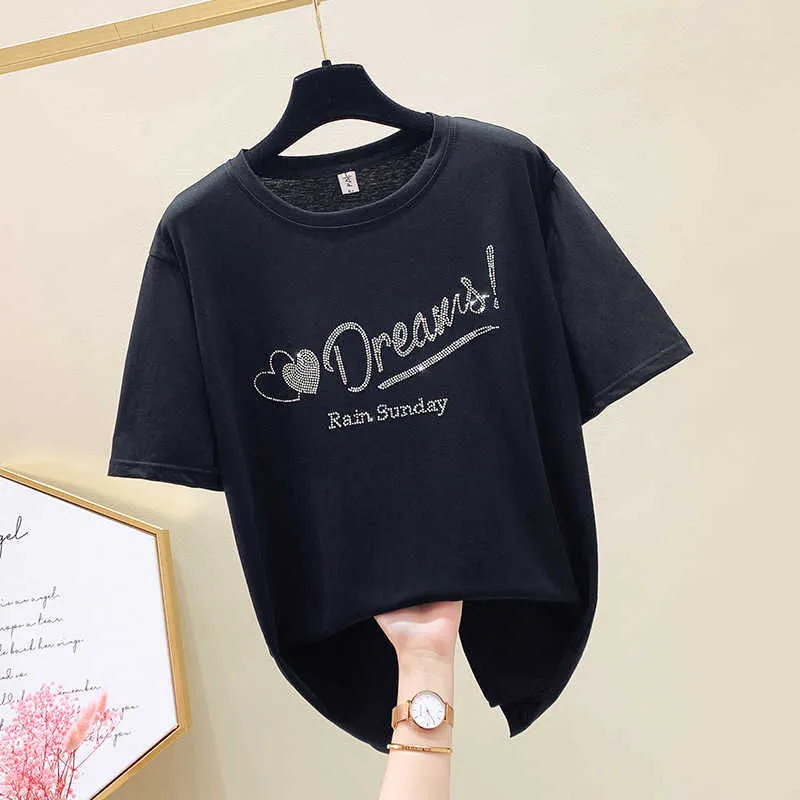 Плюс размер футболки дамы с коротким рукавом Tee женская лето Корея короткие топы футболка Tee Femme буква Diamond черная свободная футболка 210604