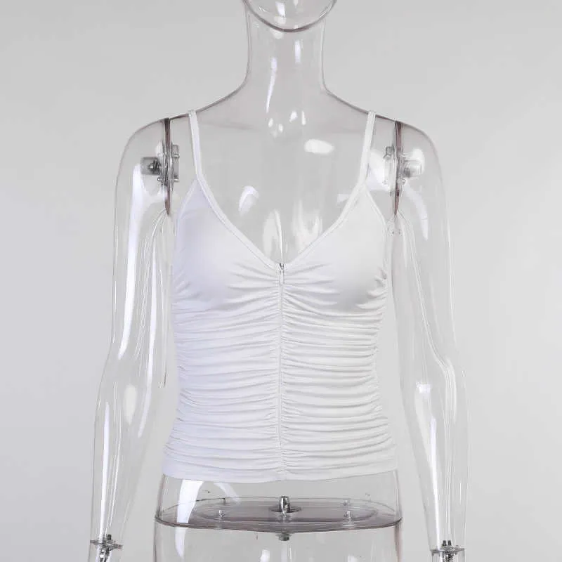 QuanRun Mode Femmes Solide Crop Top Front Zipper Débardeurs Plissé Casual Sexy Vest Streetwear Printemps Été 210604
