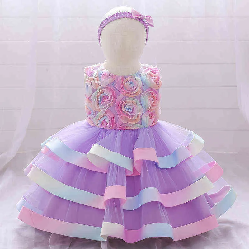 2021 Avec bandeau Colorfu Baptême 1er anniversaire Robe pour bébé fille Cérémonie Fleur Princesse Robes Robe de soirée Vêtements pour enfants G1129