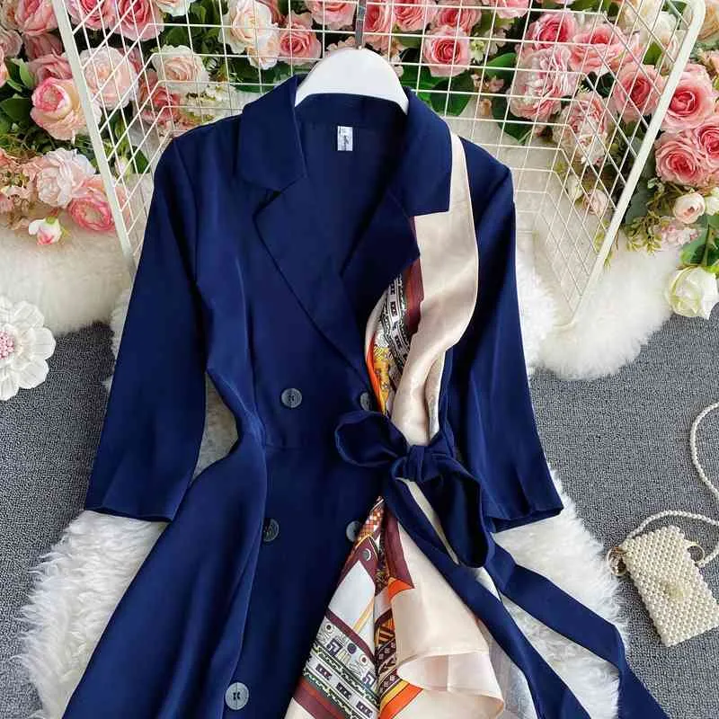 Primavera otoño francés mujer Vintage vestido elegante moda Oficina mujer seda bufanda empalme doble botonadura traje Collar 210514