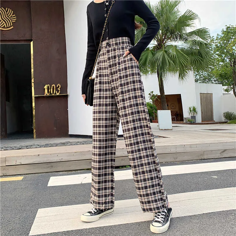 Kvinnor Spring Wide Leg Plaid Byxor Vintage Mode Koreansk stil Lös Harajuku Baggy Black High Waisted Pants Streetwear 210707