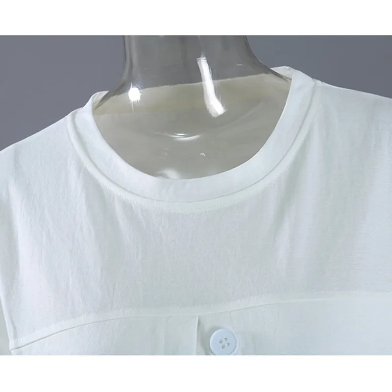 [EAM] Kobiety czarny biały duży rozmiar = pojedyncza koszulka breasted luźna okrągła szyja krótki rękaw mody lato 1dd6492 21512