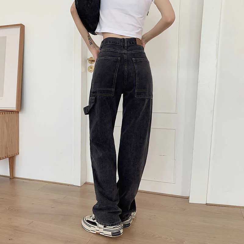 Korean Fashion Woman Jeans Loose Casual Straight Leg Highwaist Jeans Female Streetwear Spring and Autumn Trousers 210715