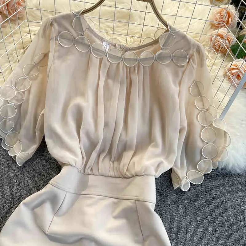 Bahar Commuter Vestidos kadın Üç Boyutlu Çiçek Yuvarlak Boyun Kısa Kollu Bel Zayıflama Midi Elbise C780 210506