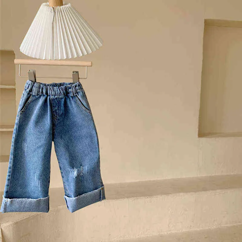 Chłopcy Moda Zgrywanie prostych dżinsów Jesienne dziewczyny Luźne Dailkowe spodnie 211102