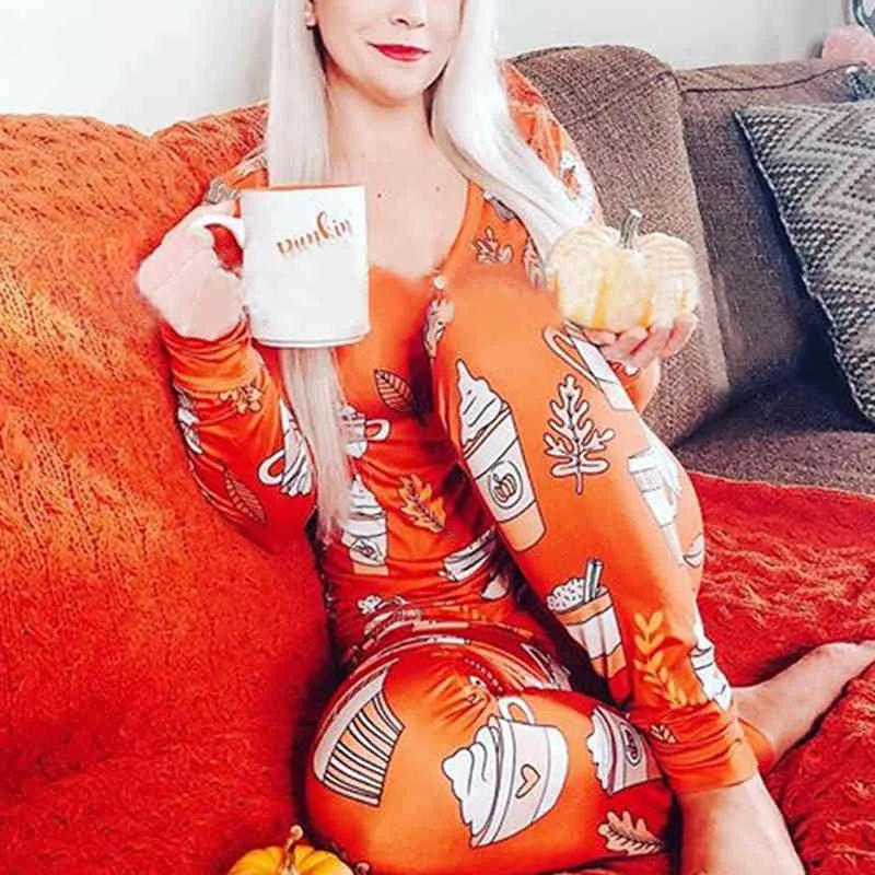 OMSJ Casual Long Sleeve Button Halloween Pajamas Party Lady Rompers Autumn Winter Print Women Homewear Jumpsuit Orange 210517