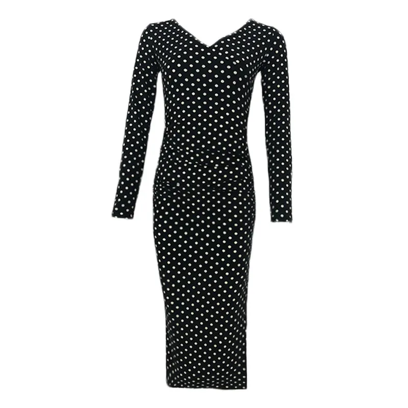 Women's Bottoming Dress Fashion Spring Autumn V-neck Sexy Split Polka Dot Slim Fit Thin Full Long ML630 210506