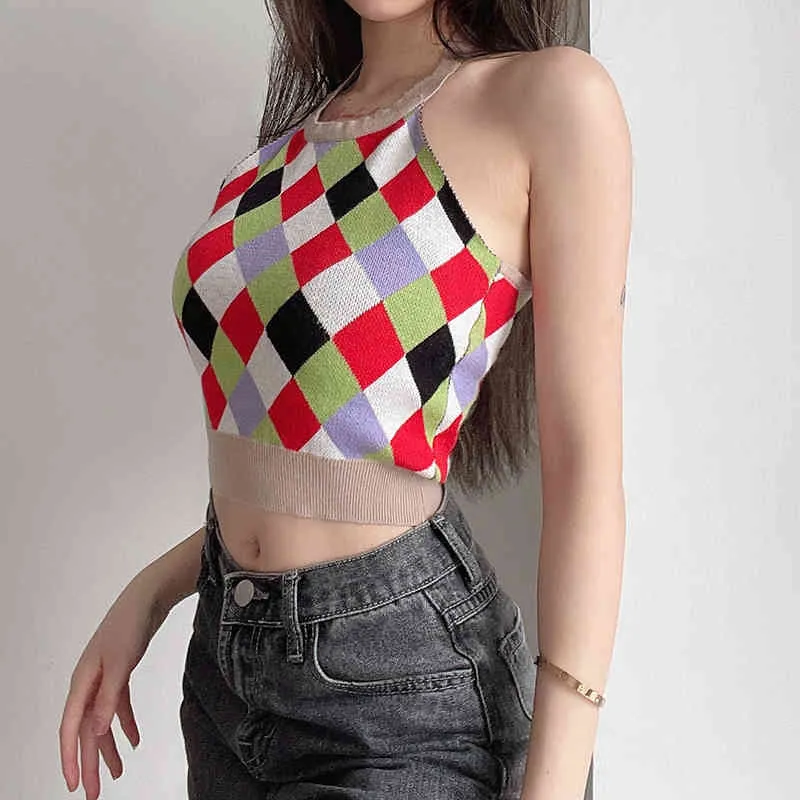 Argyle Y2K Knit Halter Crop Tops Women Fashion Summer Party Backless Vintage Plaid Sleeveless V Neck Sexy Cami Streetwear 210510