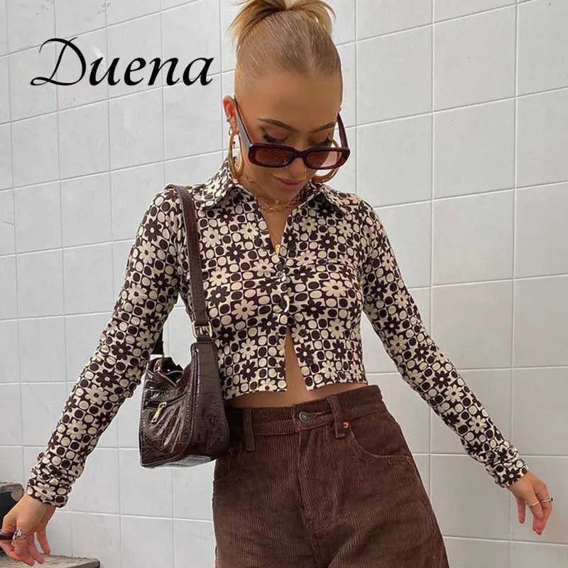 Duena Långärmad Brown Top Y2K Vintage Aestetics Flower Print StreetWear Button Up Crop Top Collar T Shirt Kvinnor 2021 Y0621