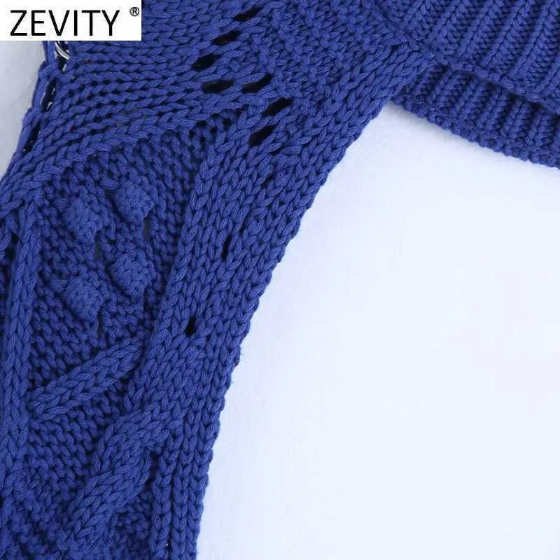 Zevity Frauen Stehkragen Ball Applikationen Langarm Strickpullover Femme Chic Design Casual Pullover Damen Tops SW708 210603