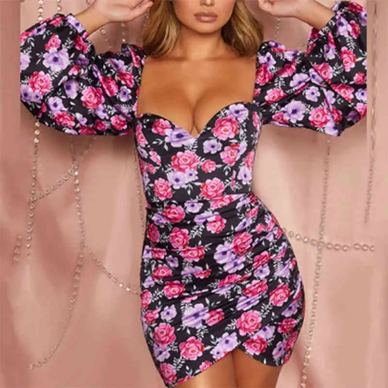 Women Dress Sexy Ladies Evening Party Floral Print Prom Ball Mini Lantern Long Sleeve Bag Hip V-Neck Slim Clubwear 210522