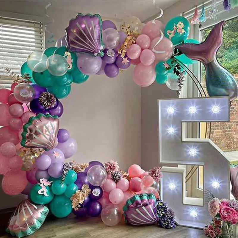 97 sztuk Mermaid Party Balloon Garland Arch Kit Purple Pink Shell Mermaid Ogon Helu Globos Baby Shower Urodziny Dekoracji 211216