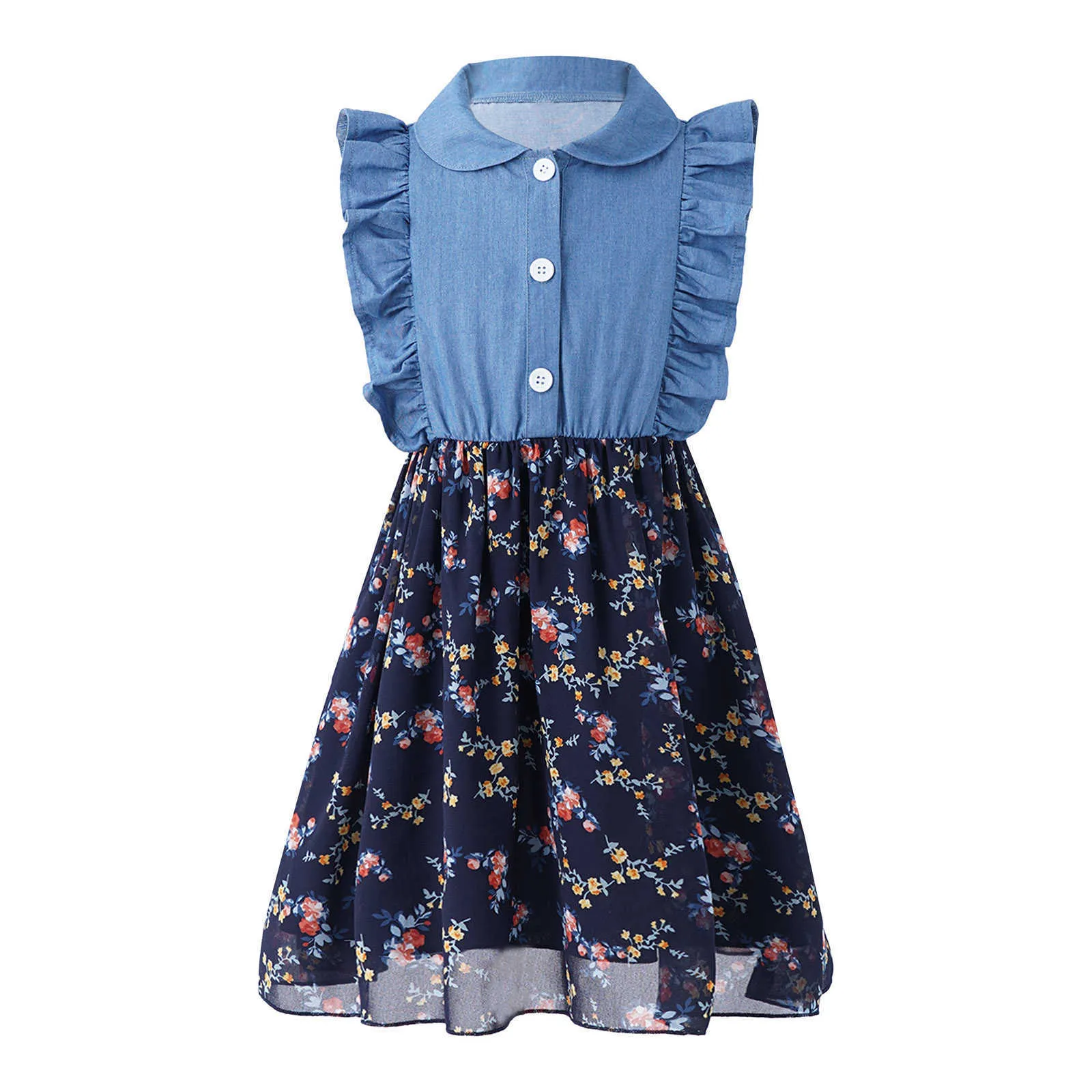 Kinder Mädchen Denim Kleid 2021 Neue Sommer Patchwork Kleidung Rüschen Ärmellose Puppe Kragen Blumen Druck Kleid Teen Casual Kleider Q0716