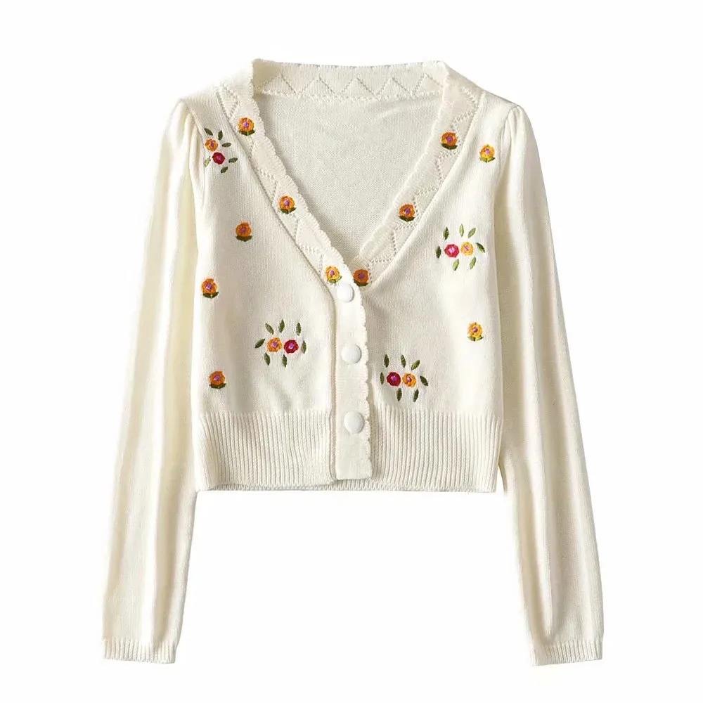 Retro Flower Embroidery Knitted Cardigan Vintage Wood ears Cropped Sweater Punk pull Korea Clothes Women Knit kardigan 210429